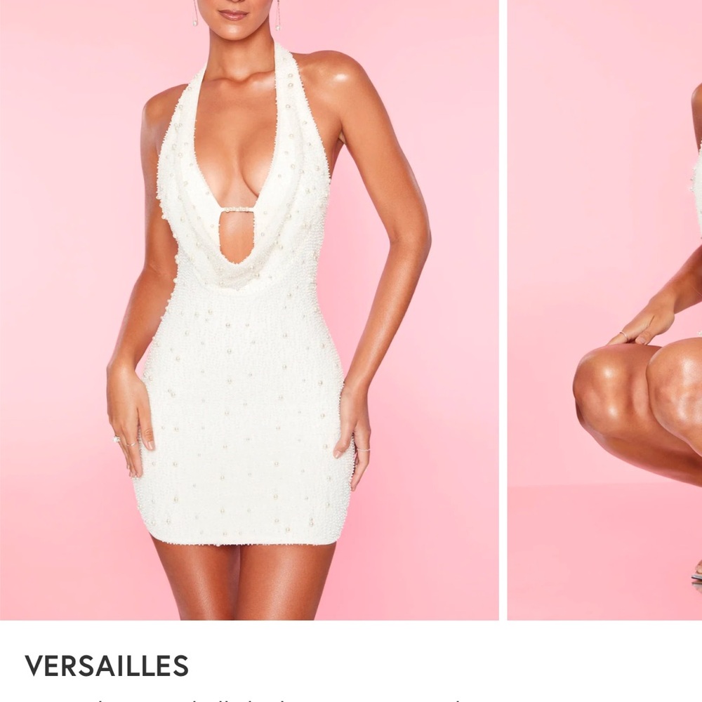 OH POLLY- Versailles Deep Plunge Embellished Mini Dress in White
